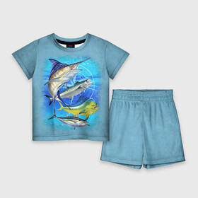 Детский костюм с шортами 3D с принтом Marlin and other fish в Санкт-Петербурге,  |  | Тематика изображения на принте: рыба | рыбак | рыбалка | снасти | увлечение | улов | хобби