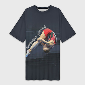 Платье-футболка 3D с принтом Прыжки на батуте в Санкт-Петербурге,  |  | aerobics | jumping | sport | trampoline | trampoline aerobics | trampoline jumping | trampoline sport | батут | батутисты | батутный спорт | спорт