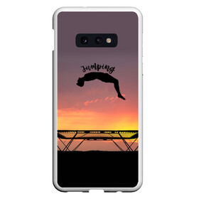 Чехол для Samsung S10E с принтом Jumping в Санкт-Петербурге, Силикон | Область печати: задняя сторона чехла, без боковых панелей | Тематика изображения на принте: aerobics | jumping | sport | trampoline | trampoline aerobics | trampoline jumping | trampoline sport | батут | батутисты | батутный спорт | спорт