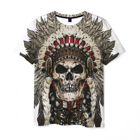 Мужская футболка 3D с принтом Leader of indian skeletons в Санкт-Петербурге, 100% полиэфир | прямой крой, круглый вырез горловины, длина до линии бедер | indian | skeleton | skull | иднейский | индеец | перья | скелет | череп | этника | этнический
