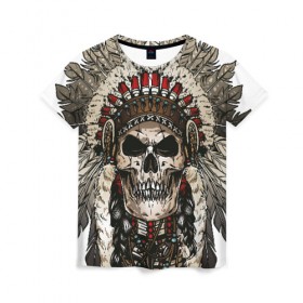 Женская футболка 3D с принтом Leader of indian skeletons в Санкт-Петербурге, 100% полиэфир ( синтетическое хлопкоподобное полотно) | прямой крой, круглый вырез горловины, длина до линии бедер | indian | skeleton | skull | иднейский | индеец | перья | скелет | череп | этника | этнический