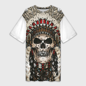 Платье-футболка 3D с принтом Leader of indian skeletons в Санкт-Петербурге,  |  | indian | skeleton | skull | иднейский | индеец | перья | скелет | череп | этника | этнический