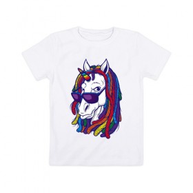 Детская футболка хлопок с принтом RastaUnicorn в Санкт-Петербурге, 100% хлопок | круглый вырез горловины, полуприлегающий силуэт, длина до линии бедер | color | dreads | glases | unicorn | дреды | единорог | конь | лошадь | очки | рог | уши | цветной