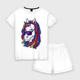 Женская пижама с шортиками хлопок с принтом RastaUnicorn в Санкт-Петербурге, 100% хлопок | футболка прямого кроя, шорты свободные с широкой мягкой резинкой | color | dreads | glases | unicorn | дреды | единорог | конь | лошадь | очки | рог | уши | цветной