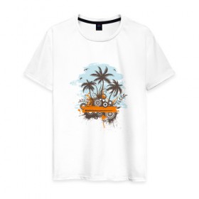 Мужская футболка хлопок с принтом Музыкальный Остров в Санкт-Петербурге, 100% хлопок | прямой крой, круглый вырез горловины, длина до линии бедер, слегка спущенное плечо. | музыка | музыкальный остров | остров | пальмы | пляж | тропики