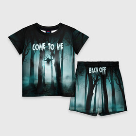 Детский костюм с шортами 3D с принтом Призрак в лесу в Санкт-Петербурге,  |  | come to me | deat | die | деревья | иди ко мне | лес | магия | ночь | отвали | приведение | призрак | рука | туман | ужас | ужастик | ужасы