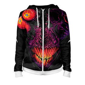 Женская толстовка 3D на молнии с принтом CS GO hyper beast skin в Санкт-Петербурге, 100% полиэстер | длина до линии бедра, манжеты и пояс оформлены мягкой тканевой резинкой, двухслойный капюшон со шнурком для регулировки, спереди молния, по бокам два кармана | 