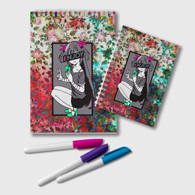 Блокнот с принтом Enjoy Anime Flowers в Санкт-Петербурге, 100% бумага | 48 листов, плотность листов — 60 г/м2, плотность картонной обложки — 250 г/м2. Листы скреплены удобной пружинной спиралью. Цвет линий — светло-серый
 | anime | aquarell | enjoy | flowers | glitch | retrowave | sad | sadness | vaporwave | акварель | аниме | анимэ | глитч | глич | грустно | грустный | грусть | надписи | цветы
