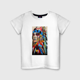 Детская футболка хлопок с принтом Буйство Красок в Санкт-Петербурге, 100% хлопок | круглый вырез горловины, полуприлегающий силуэт, длина до линии бедер | акварель | буйство красок | девушка | индеец | красавица | краски | перья | рисунок
