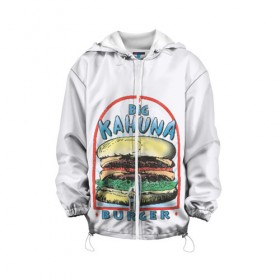 Детская куртка 3D с принтом Big Kahuna Burger в Санкт-Петербурге, 100% полиэстер | застежка — молния, подол и капюшон оформлены резинкой с фиксаторами, по бокам — два кармана без застежек, один потайной карман на груди, плотность верхнего слоя — 90 г/м2; плотность флисового подклада — 260 г/м2 | Тематика изображения на принте: big kahuna | burger | kahuna | pulp fiction | голливуд | кино | криминальное чтиво