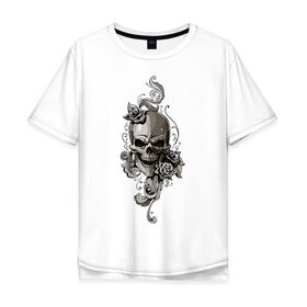 Мужская футболка хлопок Oversize с принтом Череп В Цветах в Санкт-Петербурге, 100% хлопок | свободный крой, круглый ворот, “спинка” длиннее передней части | рисунок | розы | цветы | череп | череп в цветах