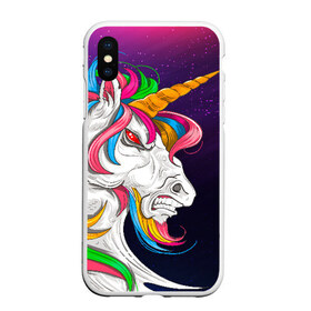 Чехол для iPhone XS Max матовый с принтом Angry Unicorn в Санкт-Петербурге, Силикон | Область печати: задняя сторона чехла, без боковых панелей | Тематика изображения на принте: cosmos | hair | rainbow | stars | unicorn | волосы | глаза | единорог | злой | зубы | космос | лошадь | радуга