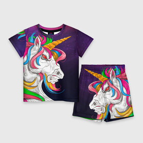 Детский костюм с шортами 3D с принтом Angry Unicorn в Санкт-Петербурге,  |  | cosmos | hair | rainbow | stars | unicorn | волосы | глаза | единорог | злой | зубы | космос | лошадь | радуга