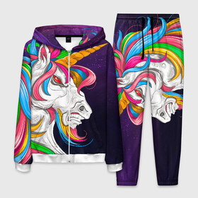 Мужской костюм 3D с принтом Angry Unicorn в Санкт-Петербурге, 100% полиэстер | Манжеты и пояс оформлены тканевой резинкой, двухслойный капюшон со шнурком для регулировки, карманы спереди | cosmos | hair | rainbow | stars | unicorn | волосы | глаза | единорог | злой | зубы | космос | лошадь | радуга