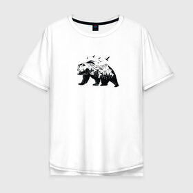 Мужская футболка хлопок Oversize с принтом Медведь в Санкт-Петербурге, 100% хлопок | свободный крой, круглый ворот, “спинка” длиннее передней части | горы | медведь | минимализм | птицы