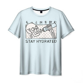 Мужская футболка 3D с принтом STAY HYDRATED в Санкт-Петербурге, 100% полиэфир | прямой крой, круглый вырез горловины, длина до линии бедер | death | japan | skeleton | sport | vegan | water | yoga | веган | вегетарианство | вода | йога | скелет | спорт | хэллоуин | череп | япония