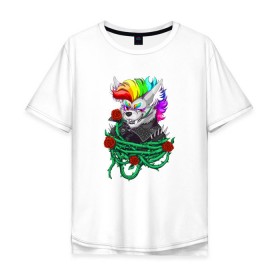 Мужская футболка хлопок Oversize с принтом Красочный Волчонок в Санкт-Петербурге, 100% хлопок | свободный крой, круглый ворот, “спинка” длиннее передней части | Тематика изображения на принте: волк | краски | красочный волчонок | радуга | рисунок | розы | тернии | цветы