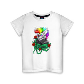 Детская футболка хлопок с принтом Красочный Волчонок в Санкт-Петербурге, 100% хлопок | круглый вырез горловины, полуприлегающий силуэт, длина до линии бедер | волк | краски | красочный волчонок | радуга | рисунок | розы | тернии | цветы