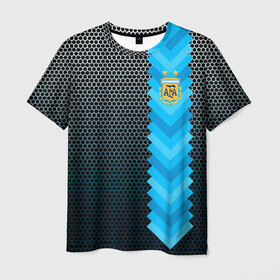 Мужская футболка 3D с принтом Аргентина форма  в Санкт-Петербурге, 100% полиэфир | прямой крой, круглый вырез горловины, длина до линии бедер | аргентина | атрибутика | бег | победа | поле | сборная | соты | спорт | узор | футбол