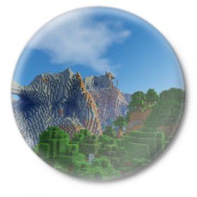 Значок с принтом Minecraft в Санкт-Петербурге,  металл | круглая форма, металлическая застежка в виде булавки | minecraft | гора | горы | дерево | деревья | игра | куб | кубик | кубики | кубические | кубический | кубы | майнкрафт