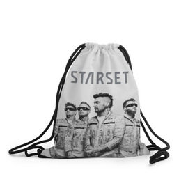 Рюкзак-мешок 3D с принтом Starset Band в Санкт-Петербурге, 100% полиэстер | плотность ткани — 200 г/м2, размер — 35 х 45 см; лямки — толстые шнурки, застежка на шнуровке, без карманов и подкладки | logo | rock | starset | лого | рок | старсет