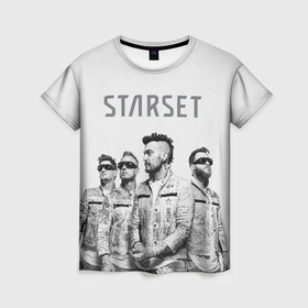Женская футболка 3D с принтом Starset Band в Санкт-Петербурге, 100% полиэфир ( синтетическое хлопкоподобное полотно) | прямой крой, круглый вырез горловины, длина до линии бедер | logo | rock | starset | лого | рок | старсет