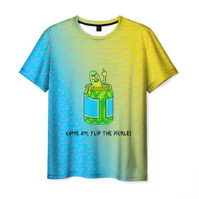 Мужская футболка 3D с принтом Pickle Rick в Санкт-Петербурге, 100% полиэфир | прямой крой, круглый вырез горловины, длина до линии бедер | Тематика изображения на принте: pickle | rick and morty | vdkovmar | банка | огурец | палец | прикол | рик и морти