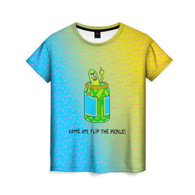 Женская футболка 3D с принтом Pickle Rick в Санкт-Петербурге, 100% полиэфир ( синтетическое хлопкоподобное полотно) | прямой крой, круглый вырез горловины, длина до линии бедер | pickle | rick and morty | vdkovmar | банка | огурец | палец | прикол | рик и морти