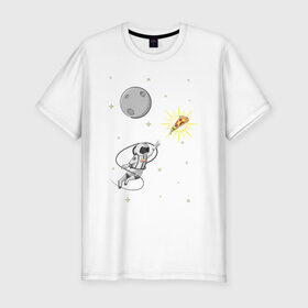 Мужская футболка премиум с принтом Пиццанавт в Санкт-Петербурге, 92% хлопок, 8% лайкра | приталенный силуэт, круглый вырез ворота, длина до линии бедра, короткий рукав | Тематика изображения на принте: астронавт | графика | еда | звезды | космонавт | космос | луна | пицца | рисунок