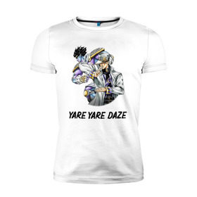 Мужская футболка премиум с принтом Yare Yare Daze в Санкт-Петербурге, 92% хлопок, 8% лайкра | приталенный силуэт, круглый вырез ворота, длина до линии бедра, короткий рукав | anime | jojo | senpai | tian | аниме | анимэ | джоджо | ониме | онимэ | сенпай | тян
