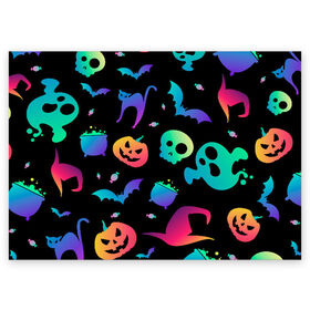 Поздравительная открытка с принтом Rainbow Halloween в Санкт-Петербурге, 100% бумага | плотность бумаги 280 г/м2, матовая, на обратной стороне линовка и место для марки
 | diy | ghost | halloween | horror | makeup | scary | trick or treat | вампир | ведьма | кошка | луна | магия | новинки | ночь | тыква | хэллоуин