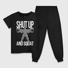 Детская пижама хлопок с принтом Shut up and ssquat в Санкт-Петербурге, 100% хлопок |  брюки и футболка прямого кроя, без карманов, на брюках мягкая резинка на поясе и по низу штанин
 | lift | powerlifting | shut up | squat | приседание со штангой