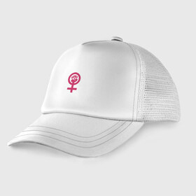Детская кепка тракер с принтом Womanpower в Санкт-Петербурге, Козырек - 100% хлопок. Кепка - 100% полиэстер, Задняя часть - сетка | универсальный размер, пластиковая застёжка | logo | woman | womanpower | женские | женский | женское | знак | знаки | значёк | феминизм | феминистка