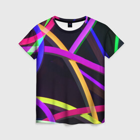 Женская футболка 3D с принтом Светящиеся полосы в Санкт-Петербурге, 100% полиэфир ( синтетическое хлопкоподобное полотно) | прямой крой, круглый вырез горловины, длина до линии бедер | abstract | neon | абстрактно | абстрактный | абстракция | линии | неон | неонка | неоновая | неоновые | неоновый | полоски | полосы | разноцветные | светящиеся | цветные