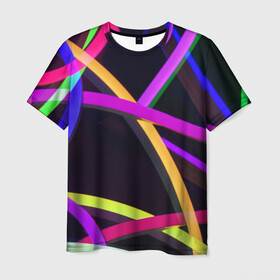 Мужская футболка 3D с принтом Светящиеся полосы в Санкт-Петербурге, 100% полиэфир | прямой крой, круглый вырез горловины, длина до линии бедер | abstract | neon | абстрактно | абстрактный | абстракция | линии | неон | неонка | неоновая | неоновые | неоновый | полоски | полосы | разноцветные | светящиеся | цветные