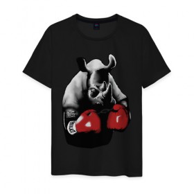 Мужская футболка хлопок с принтом носорог в боксерских перчатках в Санкт-Петербурге, 100% хлопок | прямой крой, круглый вырез горловины, длина до линии бедер, слегка спущенное плечо. | бокс | носорог | носорог в боксерских перчатках | перчатки | силовой спорт