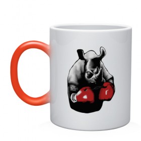 Кружка хамелеон с принтом носорог в боксерских перчатках в Санкт-Петербурге, керамика | меняет цвет при нагревании, емкость 330 мл | бокс | носорог | носорог в боксерских перчатках | перчатки | силовой спорт