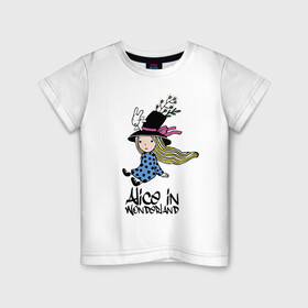 Детская футболка хлопок с принтом Алиса в стране чудес в Санкт-Петербурге, 100% хлопок | круглый вырез горловины, полуприлегающий силуэт, длина до линии бедер | alice | dress | girl | hair | hat | rabbit | ribbon | tale | wings | алиса | бант | волосы | девочка | кролик | крылья | лицо | платье | сказка | шляпа