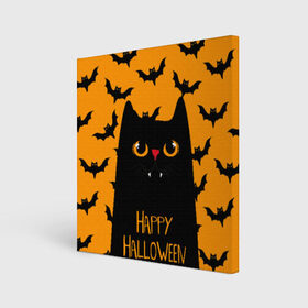 Холст квадратный с принтом Happy halloween в Санкт-Петербурге, 100% ПВХ |  | halloween | horror | вампир | кот | кот вампир | котик | кошка | летучие мыши | мыши | пятница 13 | страшилки | страшно | ужасы | хоррор | хэллоуин