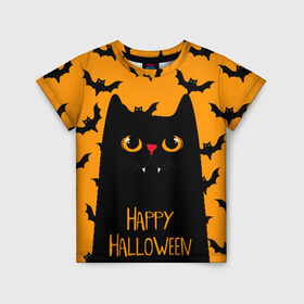 Детская футболка 3D с принтом Happy halloween в Санкт-Петербурге, 100% гипоаллергенный полиэфир | прямой крой, круглый вырез горловины, длина до линии бедер, чуть спущенное плечо, ткань немного тянется | halloween | horror | вампир | кот | кот вампир | котик | кошка | летучие мыши | мыши | пятница 13 | страшилки | страшно | ужасы | хоррор | хэллоуин