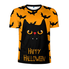 Мужская футболка 3D спортивная с принтом Happy halloween в Санкт-Петербурге, 100% полиэстер с улучшенными характеристиками | приталенный силуэт, круглая горловина, широкие плечи, сужается к линии бедра | halloween | horror | вампир | кот | кот вампир | котик | кошка | летучие мыши | мыши | пятница 13 | страшилки | страшно | ужасы | хоррор | хэллоуин