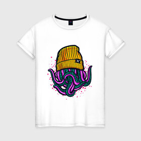 Женская футболка хлопок с принтом Octopus в Санкт-Петербурге, 100% хлопок | прямой крой, круглый вырез горловины, длина до линии бедер, слегка спущенное плечо | emo | lil peep | octopus | purple | rap | rock | в шапке | желтый | монстр | осьминог | тату | татуировка | фиолетовый | щупальца | щупальцы | яркий цвет