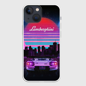 Чехол для iPhone 13 mini с принтом Lamborghini overdrive в Санкт-Петербурге,  |  | Тематика изображения на принте: 80х | 90х | hotlinemimai | outrun | retrowave | synth | synthwave | гонки | дискотека | драйв | ламборгини | ламборджини | неоновые | ретро | светящиеся | скорость