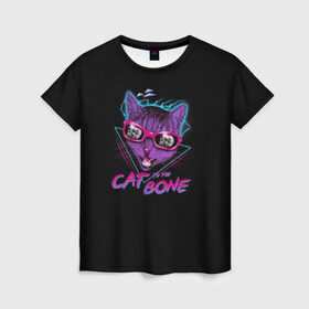 Женская футболка 3D с принтом Cat To The Bone в Санкт-Петербурге, 100% полиэфир ( синтетическое хлопкоподобное полотно) | прямой крой, круглый вырез горловины, длина до линии бедер | 80 | bone | bones | cat | cyber | game | hotline | hotlinemiami | maiami | music | outrun | retro | retrowave | skull | synth | synthwave | игра | кибер | кот | кошка | ретро | череп