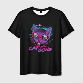Мужская футболка 3D с принтом Cat To The Bone в Санкт-Петербурге, 100% полиэфир | прямой крой, круглый вырез горловины, длина до линии бедер | Тематика изображения на принте: 80 | bone | bones | cat | cyber | game | hotline | hotlinemiami | maiami | music | outrun | retro | retrowave | skull | synth | synthwave | игра | кибер | кот | кошка | ретро | череп