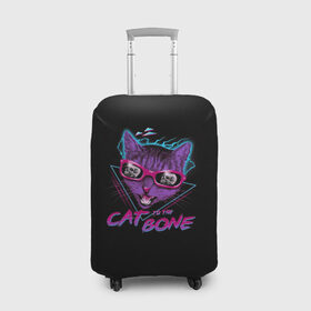 Чехол для чемодана 3D с принтом Cat To The Bone в Санкт-Петербурге, 86% полиэфир, 14% спандекс | двустороннее нанесение принта, прорези для ручек и колес | 80 | bone | bones | cat | cyber | game | hotline | hotlinemiami | maiami | music | outrun | retro | retrowave | skull | synth | synthwave | игра | кибер | кот | кошка | ретро | череп