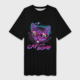 Платье-футболка 3D с принтом Cat To The Bone в Санкт-Петербурге,  |  | 80 | bone | bones | cat | cyber | game | hotline | hotlinemiami | maiami | music | outrun | retro | retrowave | skull | synth | synthwave | игра | кибер | кот | кошка | ретро | череп