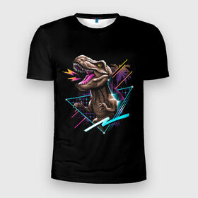 Мужская футболка 3D спортивная с принтом Тираннозавр Рекс в Санкт-Петербурге, 100% полиэстер с улучшенными характеристиками | приталенный силуэт, круглая горловина, широкие плечи, сужается к линии бедра | Тематика изображения на принте: 80 | cyber | dinosaur | game | hotline | maiami | music | outrun | retro | retrowave | rex | synth | synthwave | tyrannosaur | динозавр | игра | кибер | рекс | ретро | тираннозавр