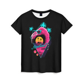 Женская футболка 3D с принтом Flamingo в Санкт-Петербурге, 100% полиэфир ( синтетическое хлопкоподобное полотно) | прямой крой, круглый вырез горловины, длина до линии бедер | 80 | cyber | flamingo | game | hotline | maiami | music | outrun | retro | retrowave | synth | synthwave | игра | кибер | ретро | фламинго