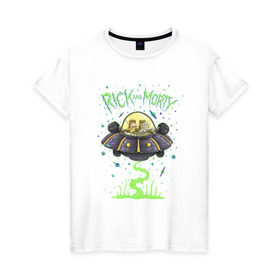 Женская футболка хлопок с принтом Rick and Morty on a spaceship в Санкт-Петербурге, 100% хлопок | прямой крой, круглый вырез горловины, длина до линии бедер, слегка спущенное плечо | spaceship | vdgerir | космический корабль | нло | тарелка